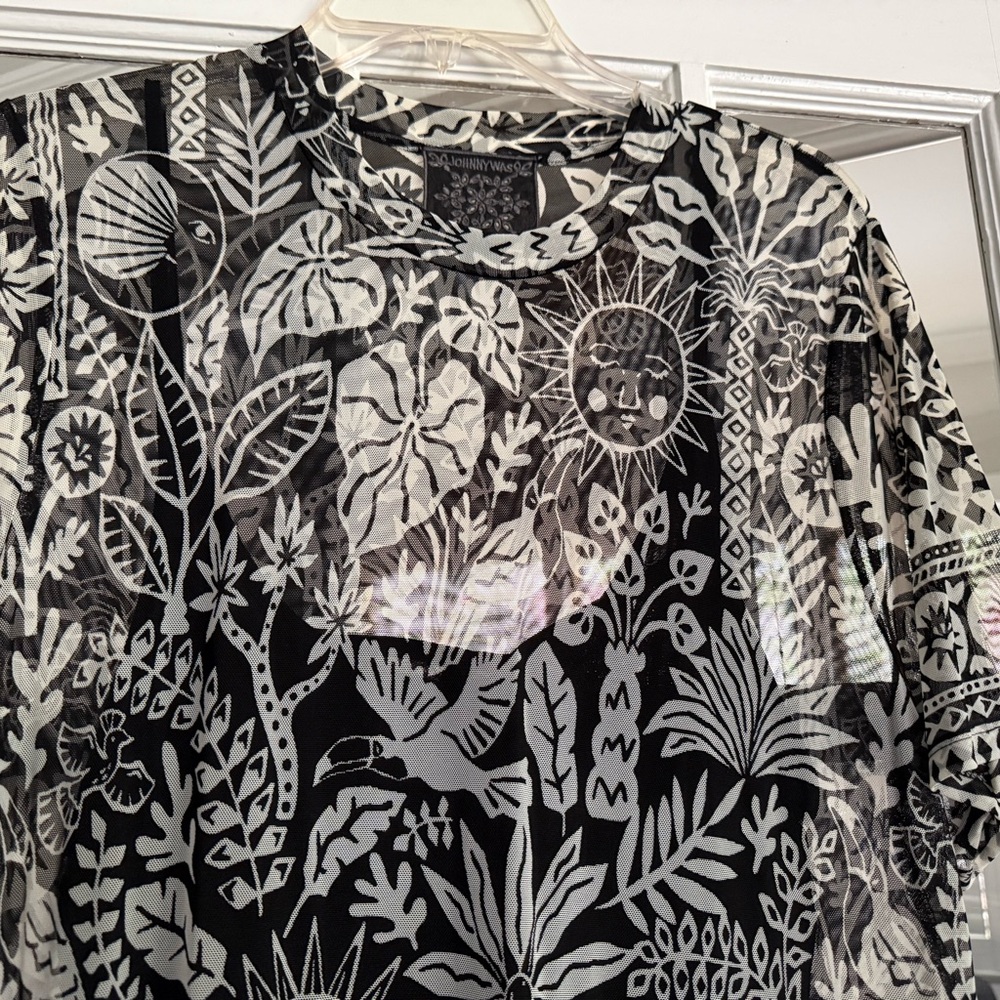 Johnny Was Black & White Floral and Celestial Print Mesh Midi Dress - Picture 4 of 6